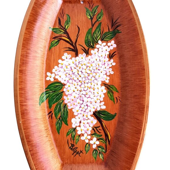 Vintage Hand-Painted Wood Look Trays Floral Design Set Of 2 11"x6" Signed - Picture 3 of 6